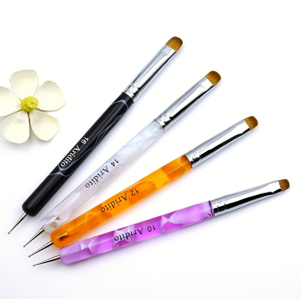 Nail Art Brush Set 4pcs Fine Tip Detail Brushes with Dotting Tool – Nylon Bristle Precision Manicure Brushes #10 #12 #14 #16 