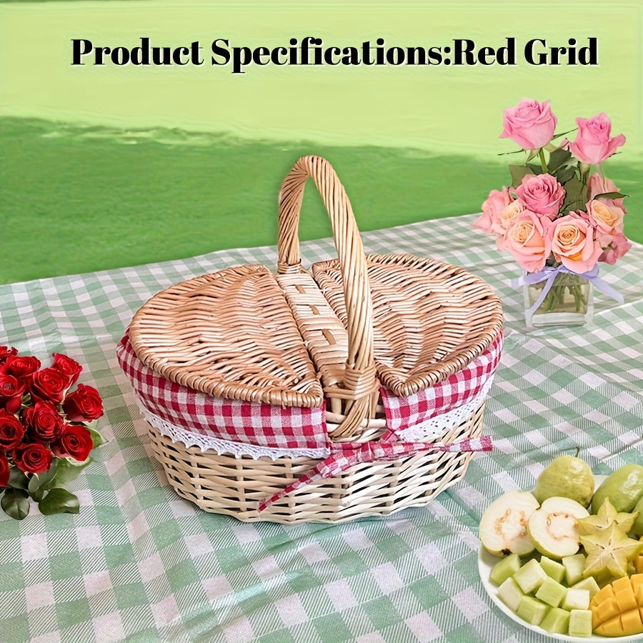 Covered Wicker Picnic Hamper with Twin Lid Panels in Red Plaid or Daisy Pattern Textile Styles — image 4