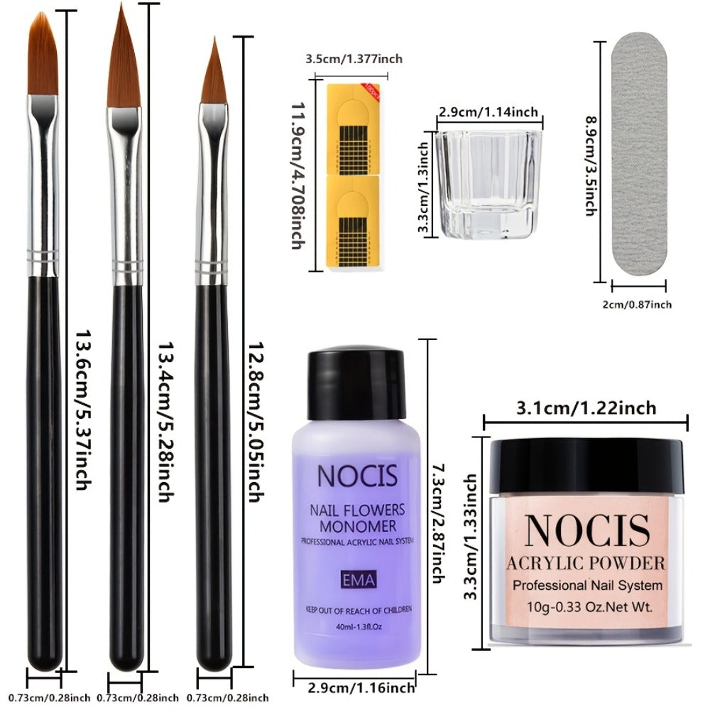 Acrylic Nail Kit NOCIS Four 10g Pink and Warm Neutral Powders with Liquid Monomer, Three Brushes and File — image 5