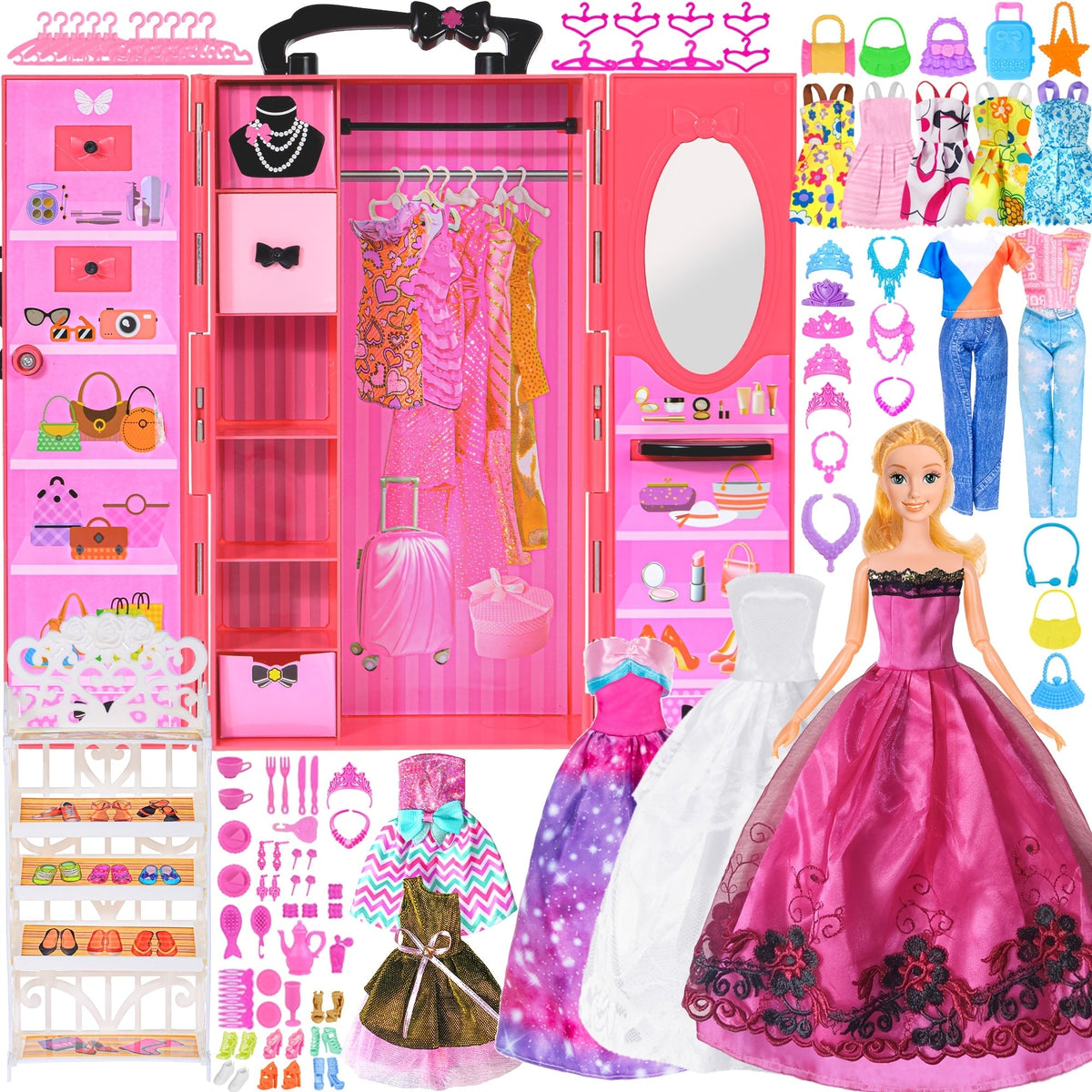 Fashion Doll Wardrobe Set 140pcs for 11.5 Inch Dolls, Deluxe Closet with Wedding Dress, Evening Gowns — image 1