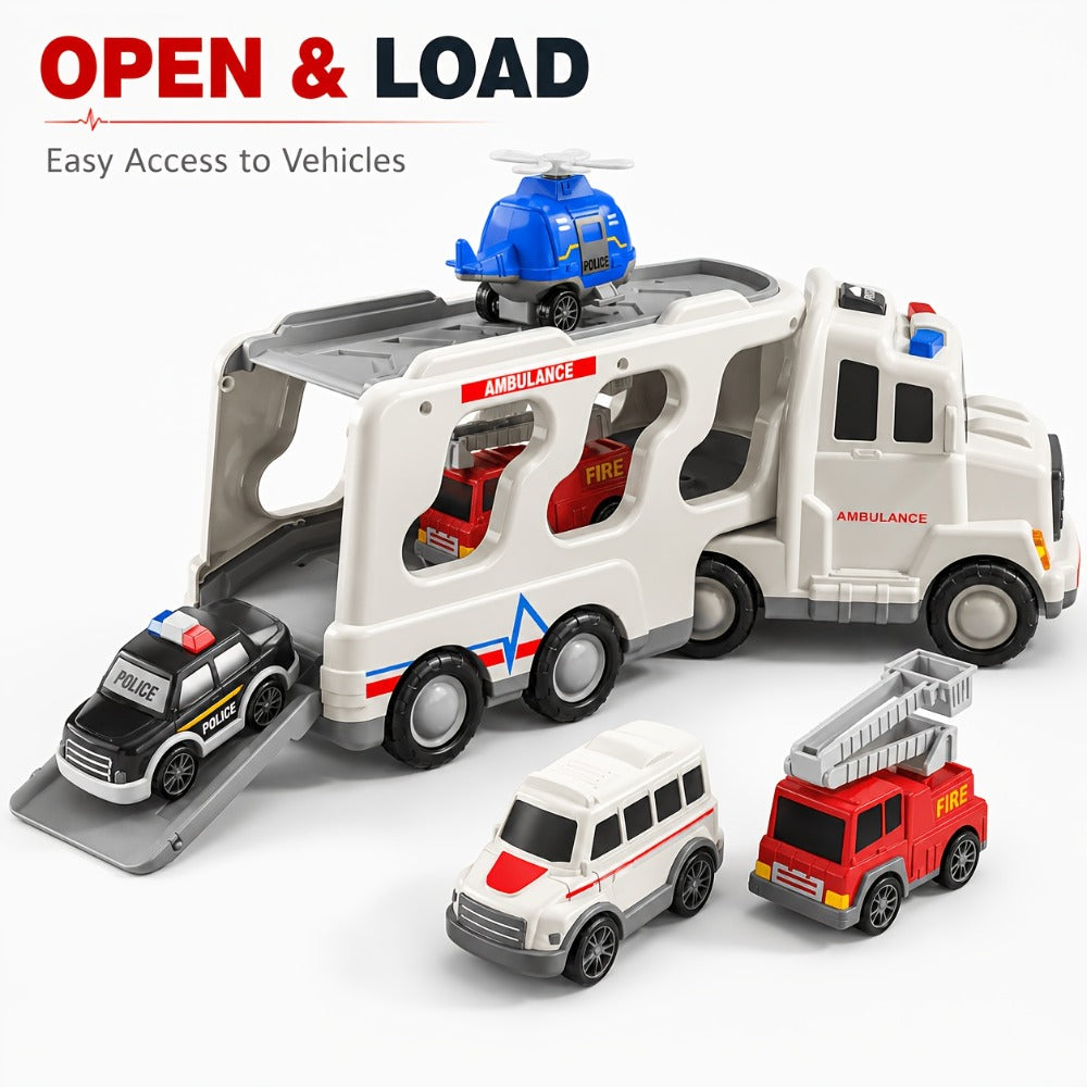 Ambulance Carrier Truck Toy Set 5-in-1 with Light & Sound for Kids Ages 3-8 with the Listed Color, Size or Set Options for Ev
