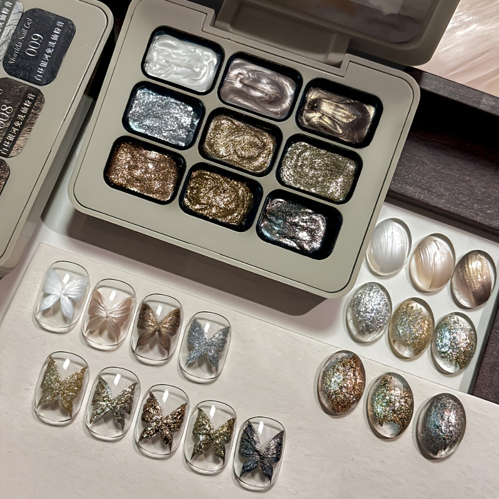Shimmer Nail Art Gel Nine-Color Grid Palette with Metallic Neutral or Milky Way Color Selection — image 1