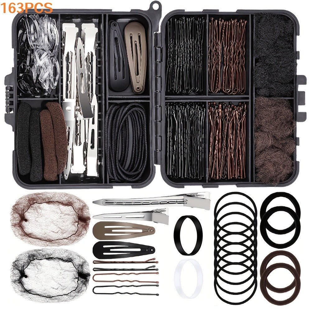 Hair Accessories 163-Piece Styling Set with Hair Ties, Nets, Bobby Pins and Snap Clips in Case — image 1