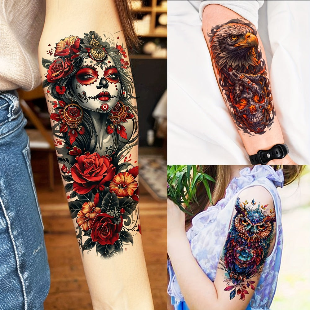 Temporary Tattoos, 71-Sheet Old School and Gothic Set with Tiger, Wolf, Lion, Dragon, Skull and Floral Motifs — image 4