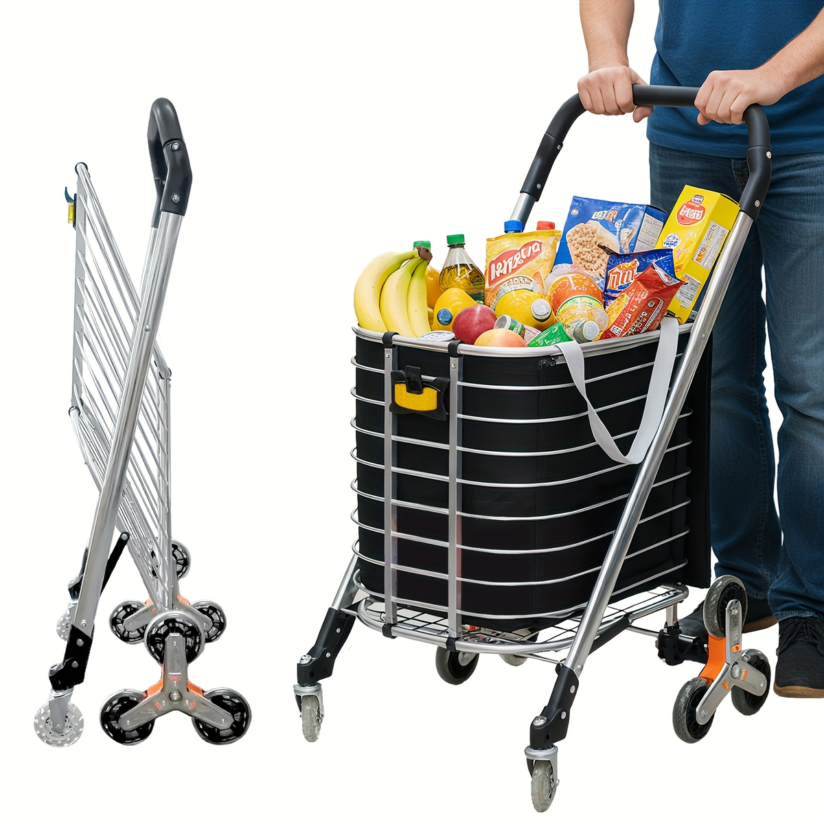 Stair Climbing Cart Collapsible Shopping Trolley with Swivel Wheels & Night Light, for Garden, Patio and Yard Use — image 1