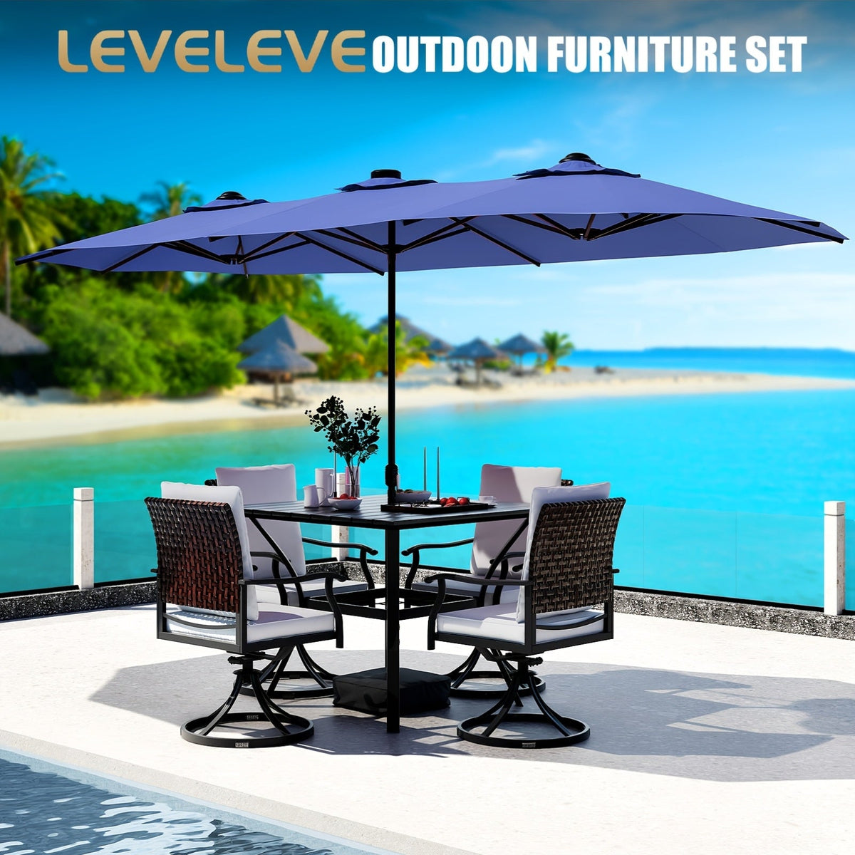 Patio Umbrella 15x7.5FT Double-Sided Style with Crank and Four Blue, Red, Khaki or Lake-Blue Options — image 4
