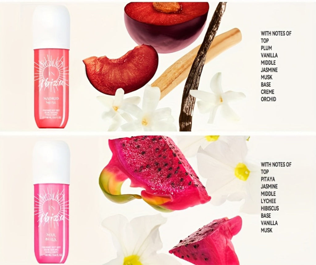 Body Hair Fragrance Mist Gift Set 2-Piece SOLO EN IBIZA Perfume Mist Body Cream Vanilla Fruit for Bath Time, Home Spa and Per