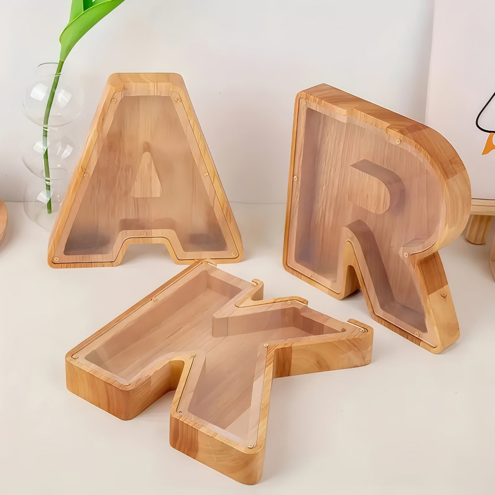 Alphabet Letter Piggy Bank A-Z Wooden Coin Bank Large Capacity Transparent – Personalized Savings Box for Kids | Back to Scho