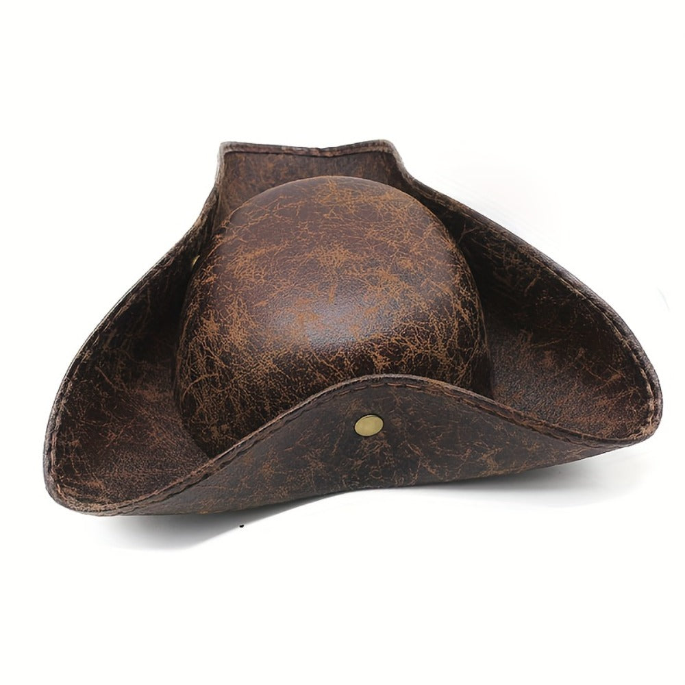 Pirate Tricorn Hat Faux Leather Wide Brim – Vintage Distressed Pirate Hat for Men Women, Halloween Costume, Cosplay — image 5