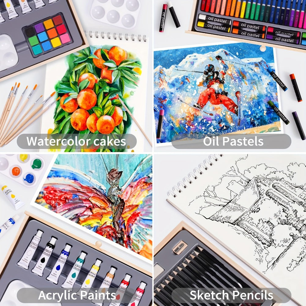 85-Piece Mixed-Media Art Set with Wooden Tabletop Easel, Paints, Pencils, Brushes and Paper Pads — image 9