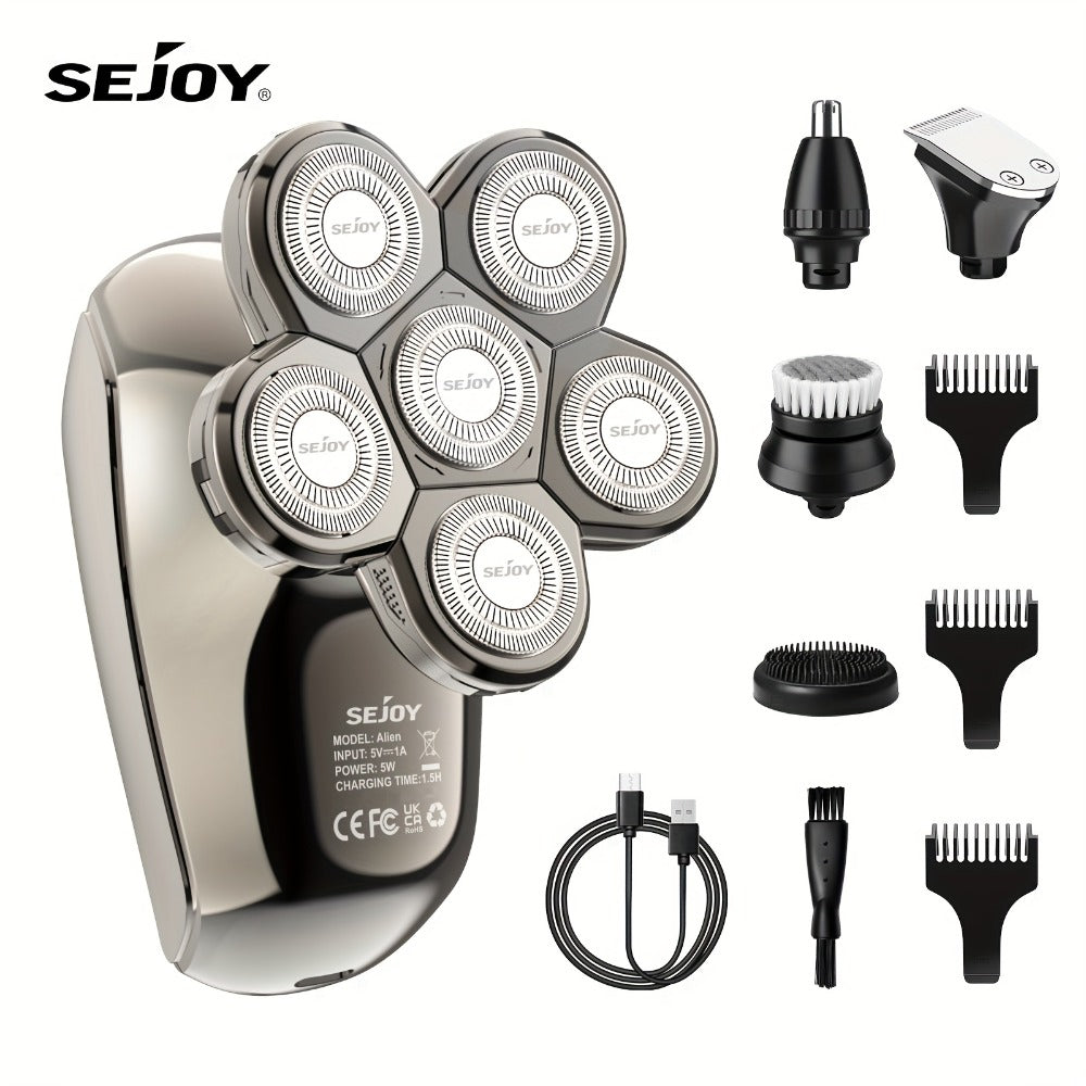 Electric Head Shaver for Bald Men 7D 7 Floating Heads – All-in-One Grooming Kit with Nose Hair Trimmer & Facial Cleaning Brus