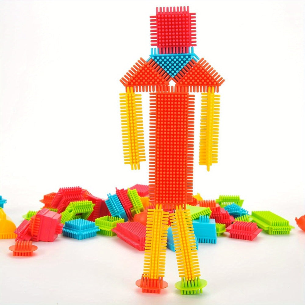Building Block Set Bristle Construction Pieces, 150-Piece Colorful Interlocking Shapes with Storage Tub — image 19