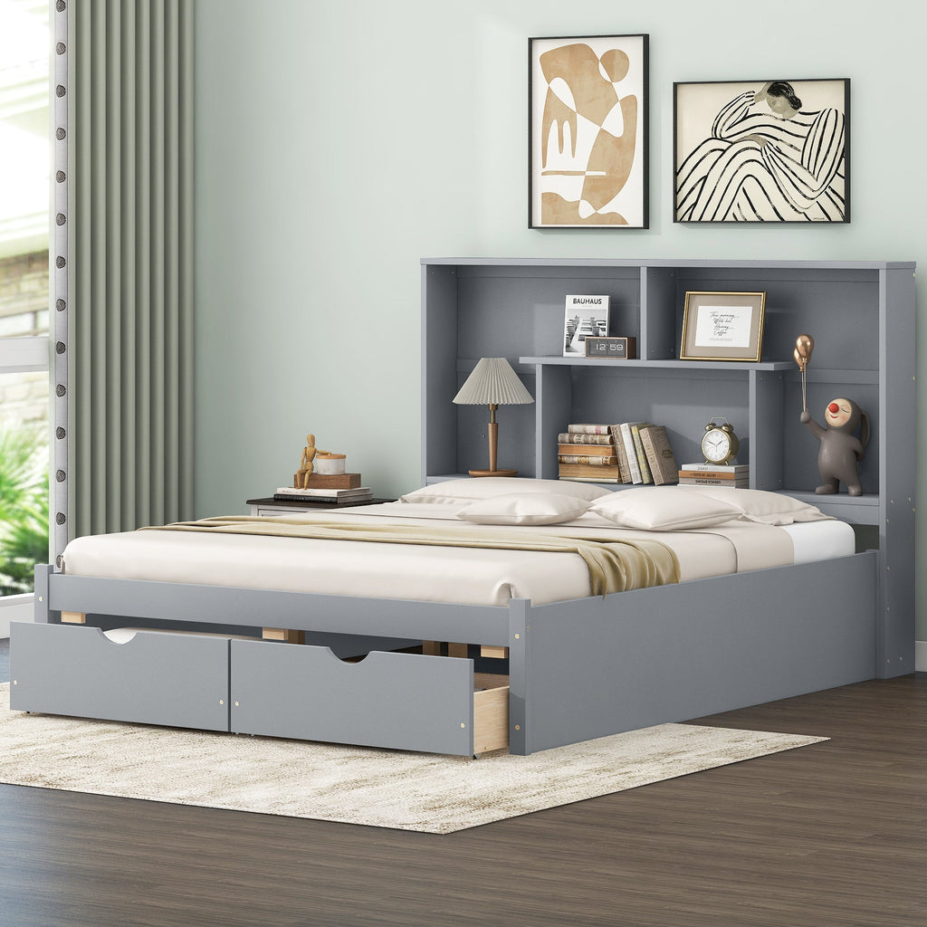 Queen Size Platform Bed with Storage Headboard and 2 Drawers, Gray - V.I.P Digital Presence