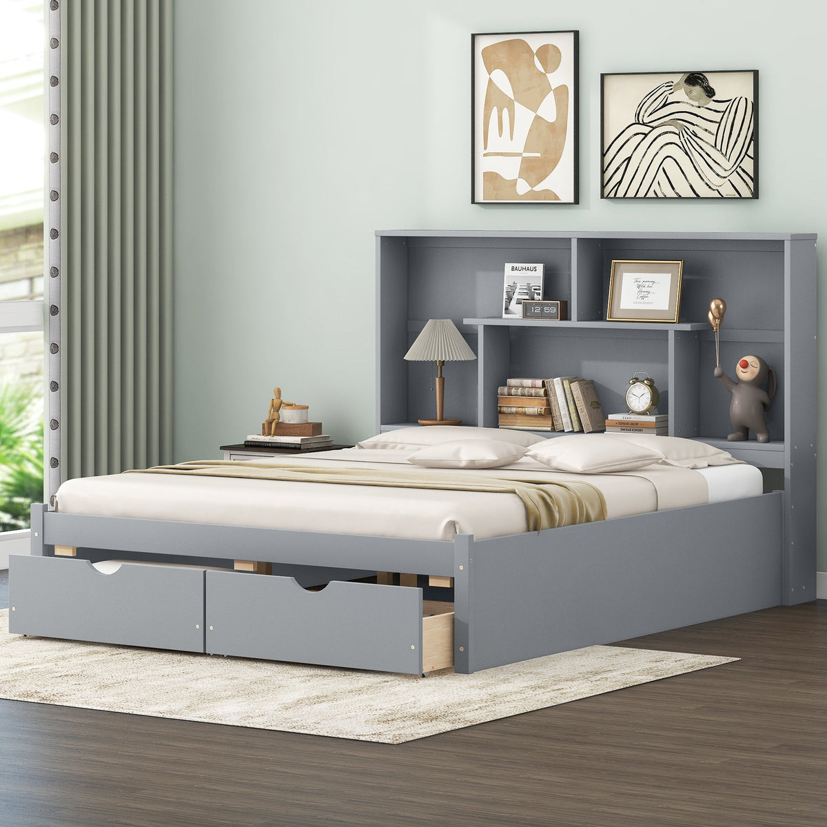 Queen Size Platform Bed with Storage Headboard and 2 Drawers, Gray - V.I.P Digital Presence