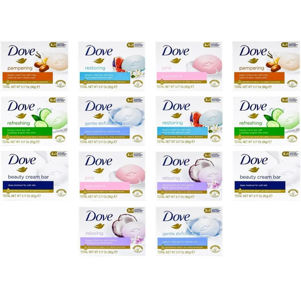 Dove Beauty Bar Soap Variety Pack, 14 Individually Boxed Bars across Seven Package Styles and Scent Labels — image 1