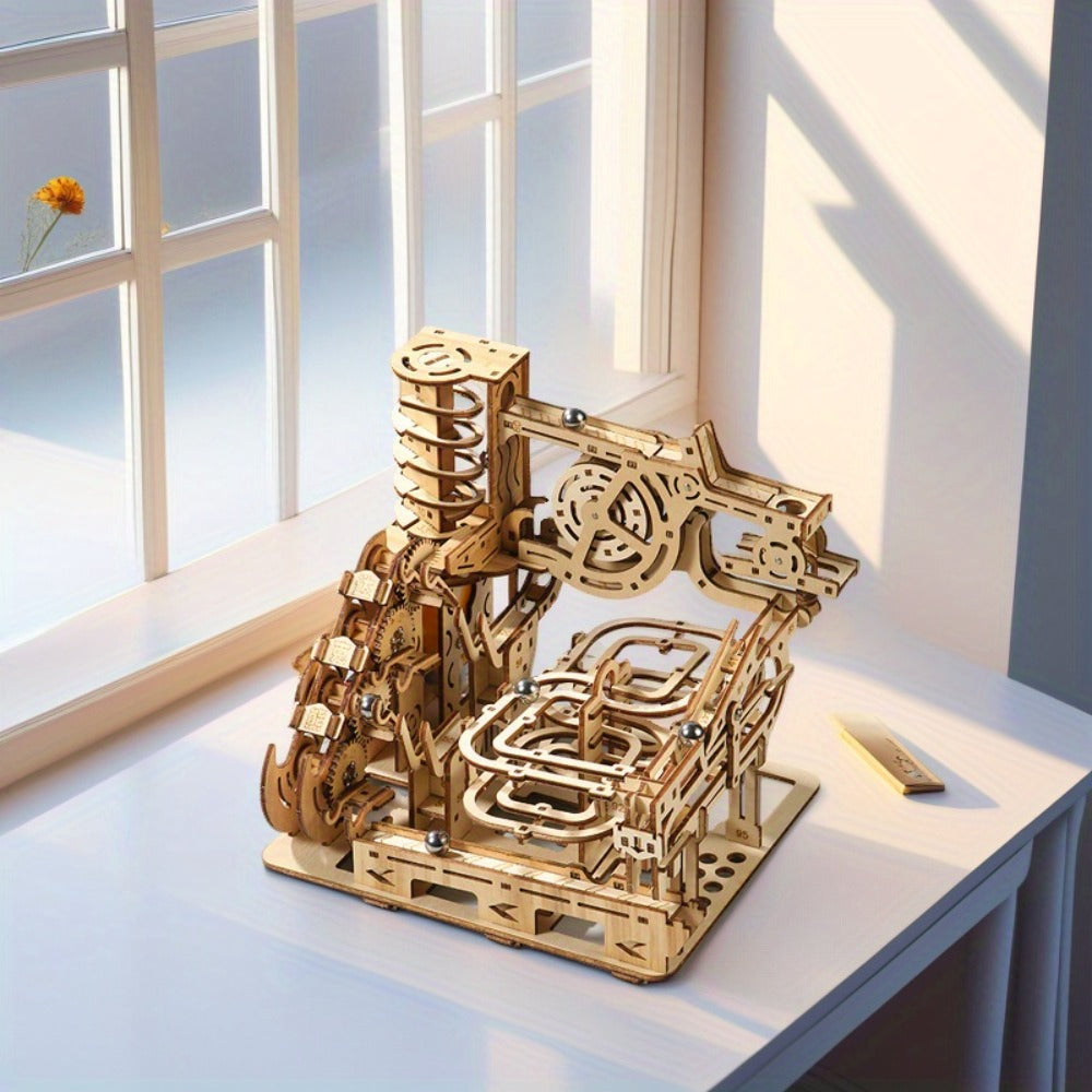 Wooden Marble Track Model Kit with Dual-Linkage A or B Builds, Laser-Cut Panels, Gears and Ball Rails — image 10