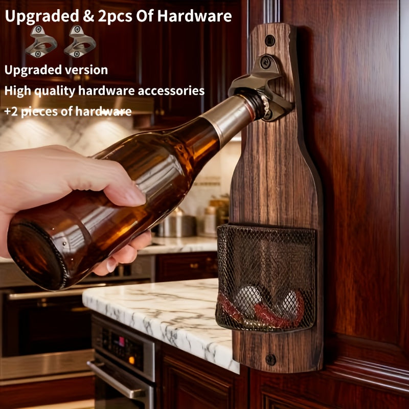 Wooden Bottle Opener Wall Mounted with Metal Cap Catcher – Handcrafted Rustic Beer Opener, Freestanding or Wall Mount, Holida