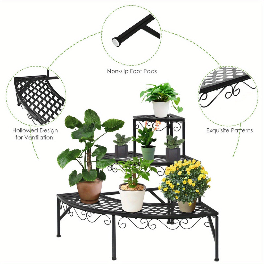 Three-Tier Black Metal Corner Plant Stand with Fan-Shaped Shelves, Scrollwork and Non-Slip Feet — image 8