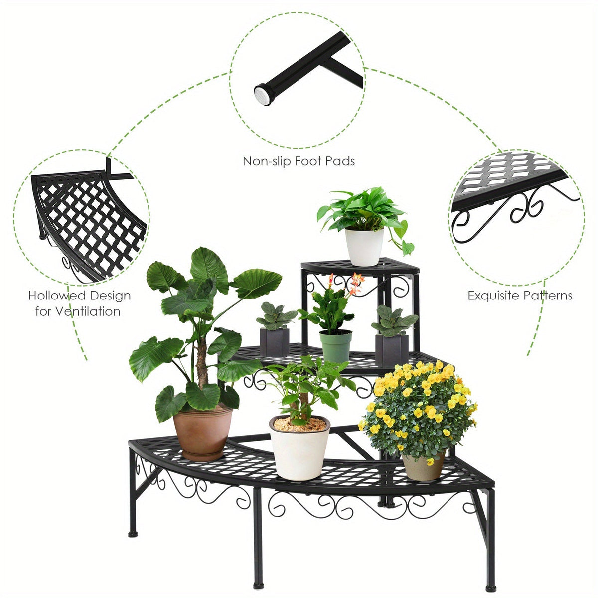 Three-Tier Black Metal Corner Plant Stand with Fan-Shaped Shelves, Scrollwork and Non-Slip Feet — image 8