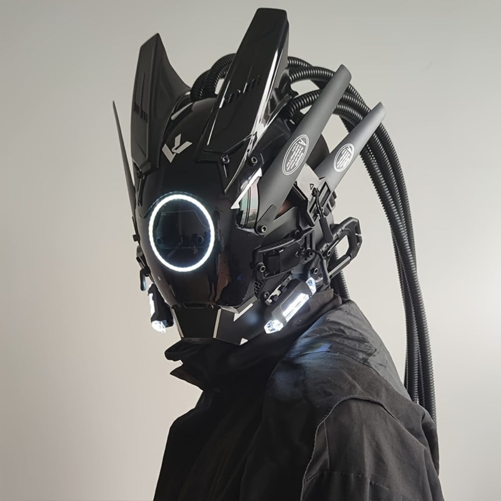 LED Braided Cyberpunk Costume Helmet with Circular Face Light and Blue, Green or Pink Accent Styles — image 30