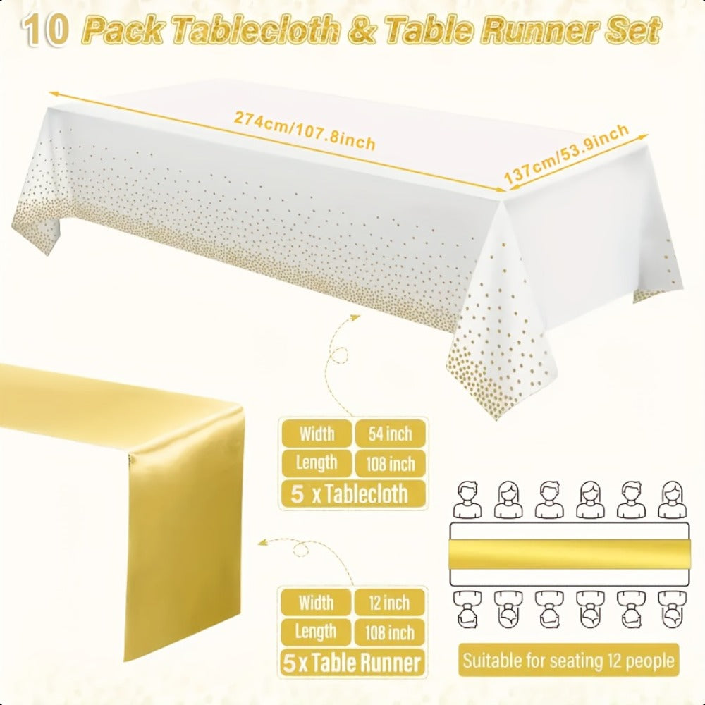 Disposable Tablecloth & Table Runner Set 10 Pack White Gold – Plastic Party Table Covers for Wedding Birthday Graduation Anni
