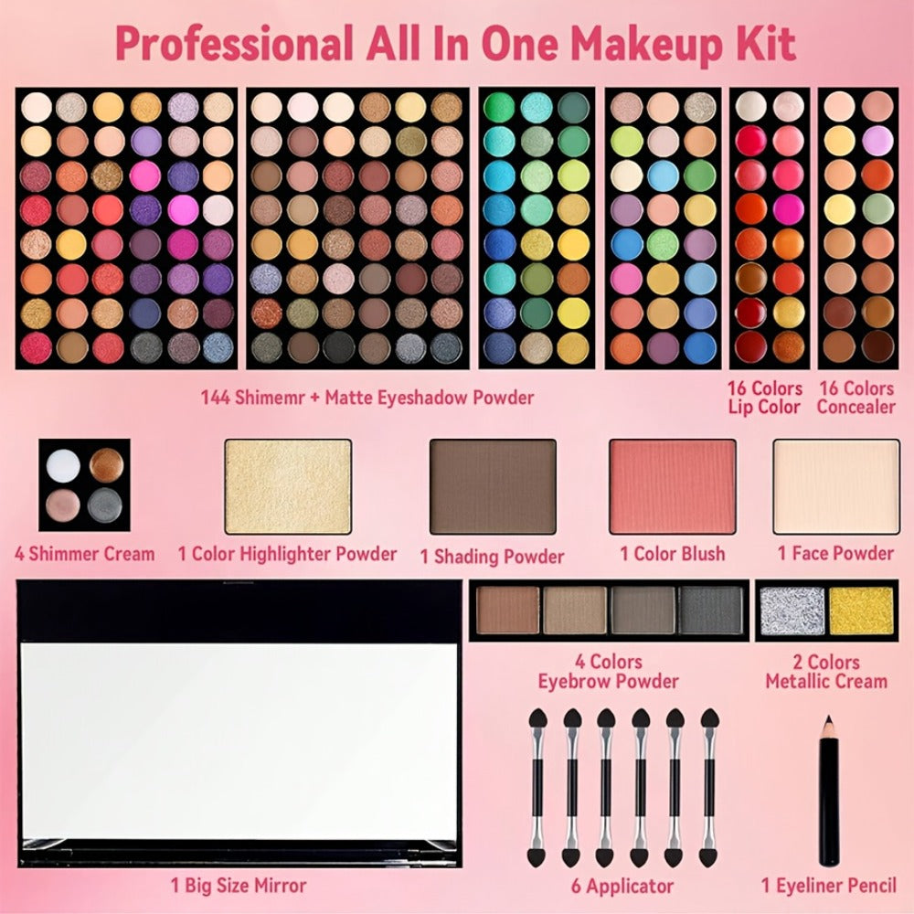 Makeup Kit 190-Color Fold-Out Face and Eye Palette with Center Mirror, 144 Eyeshadow Shades and Eight Brushes — image 4