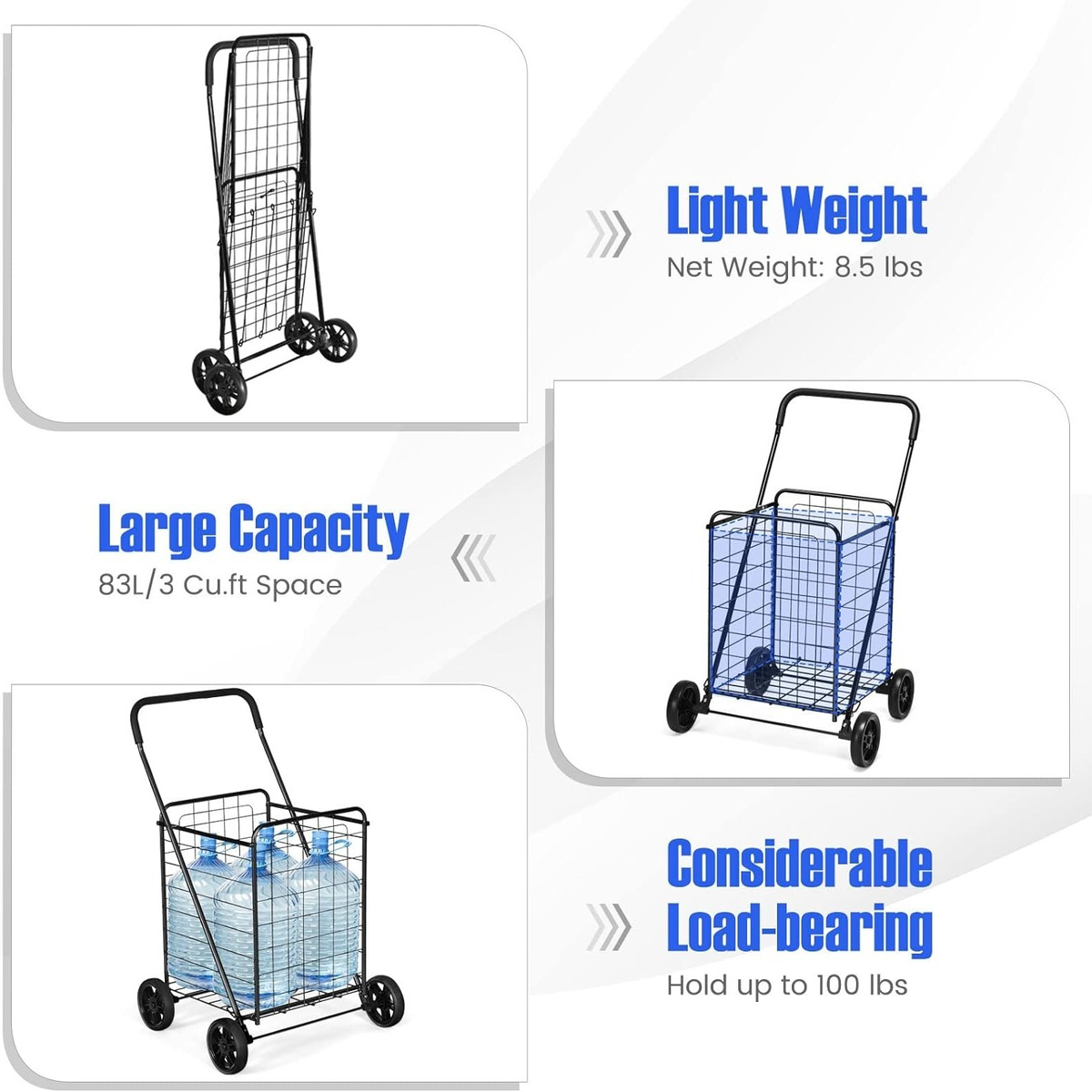 Rolling Shopping Cart Metal Basket, Foldable Grocery Utility Cart with Foam Handle Large Wheels 22 Gal for Supermarket Laundr