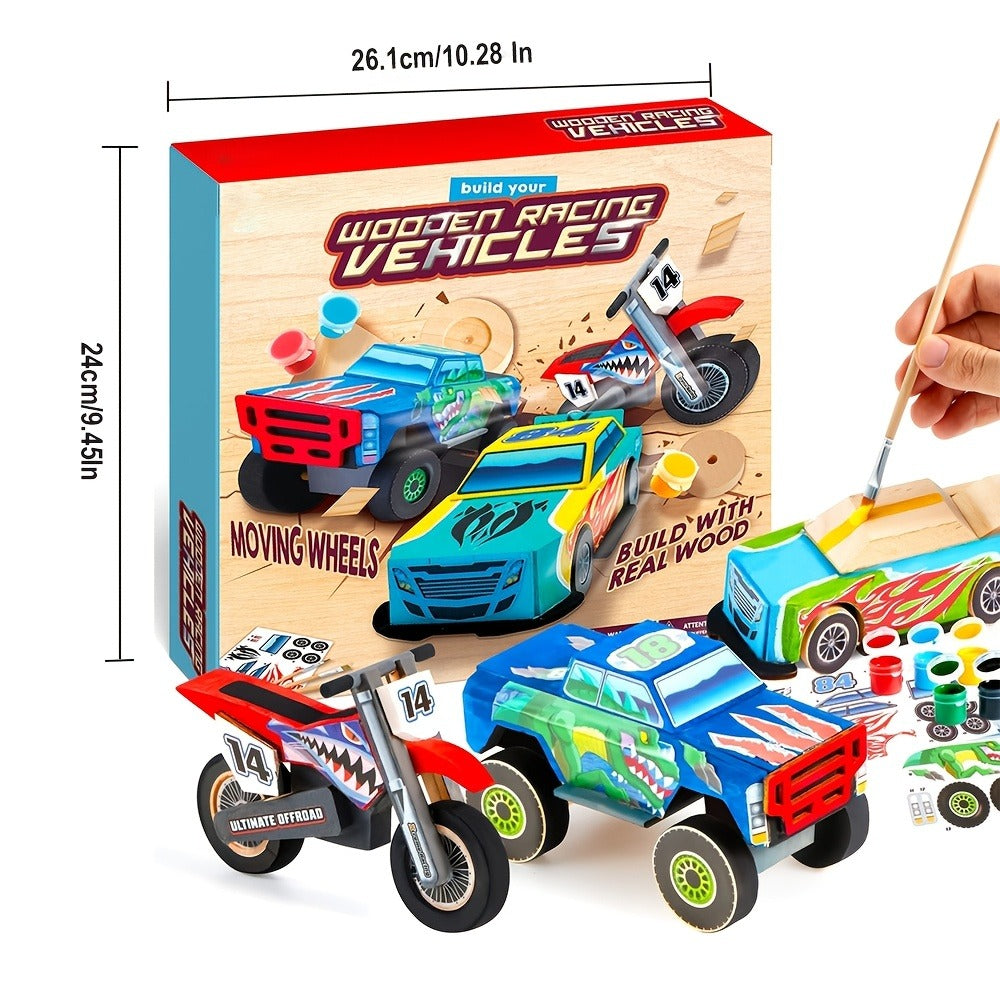 Build and Paint Wooden Vehicle Kit for Kids 144 Pieces, Race Car Motorcycle Monster Truck, 12 Colors 3 Brushes Racing Decals 