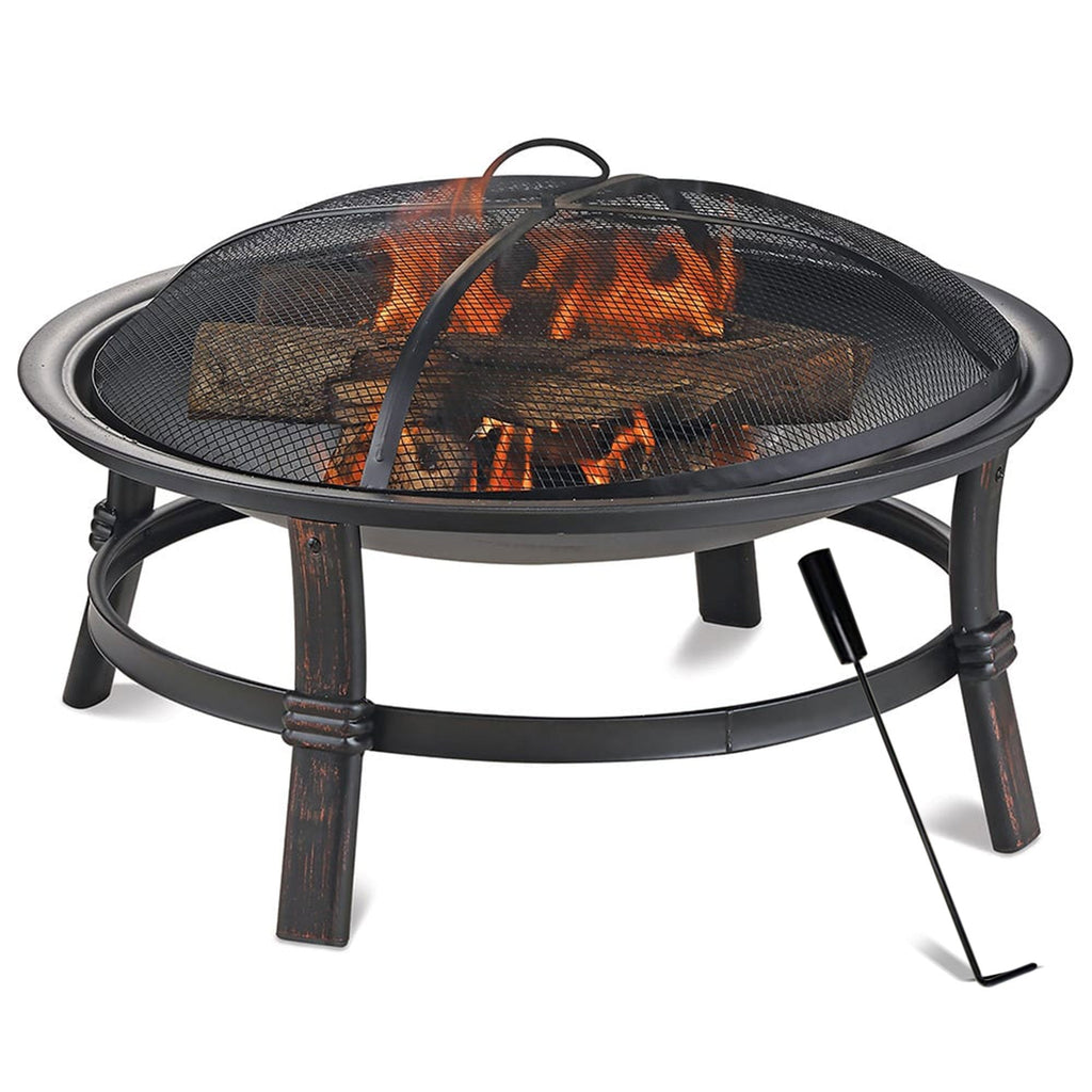 29.3-Inch Round Fire Pit Bowl with Domed Mesh Cover, Four-Leg Stand and Long Poker in Black — image 3