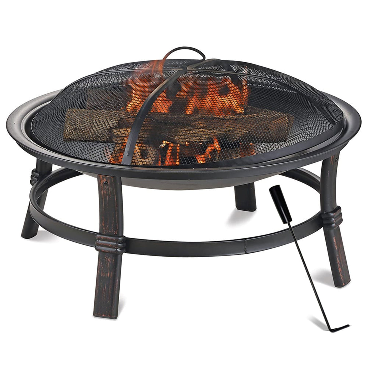 29.3-Inch Round Fire Pit Bowl with Domed Mesh Cover, Four-Leg Stand and Long Poker in Black — image 3