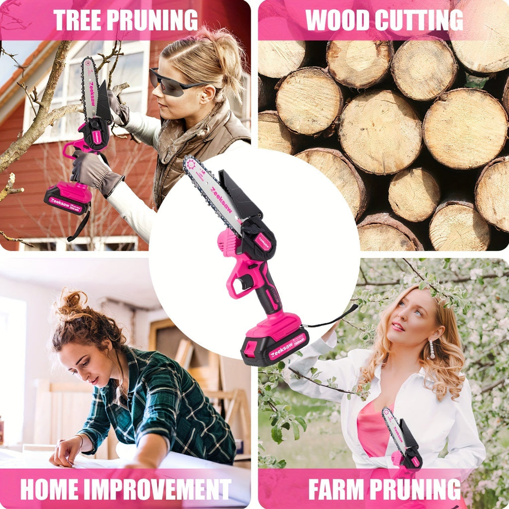 Pink 6-Inch Mini Cordless Chainsaw Kit with Two Batteries, Charger, Carry Case, Spare Chains and Clear Eyewear — image 1