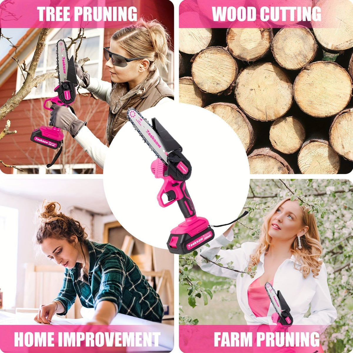 Pink 6-Inch Mini Cordless Chainsaw Kit with Two Batteries, Charger, Carry Case, Spare Chains and Clear Eyewear — image 1