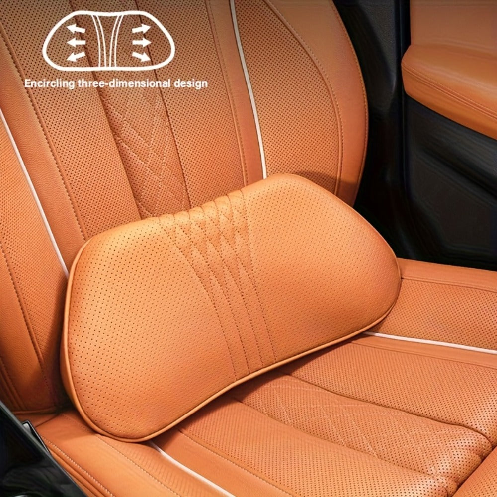 Car Neck Pillow Nappa Leather Headrest – Memory Foam Lumbar Support with Embroidery, All-Season Universal Car Interior Access