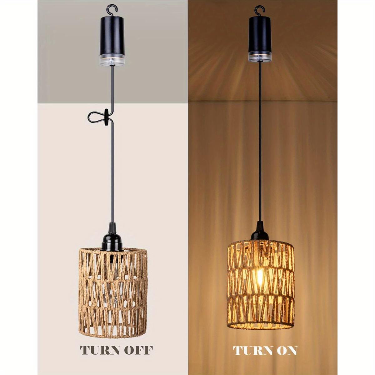 Battery Operated Pendant Light Rattan Boho Chandelier Hanging Light Warm White Bulb Wireless No-Wiring for Gazebo Pergola Por