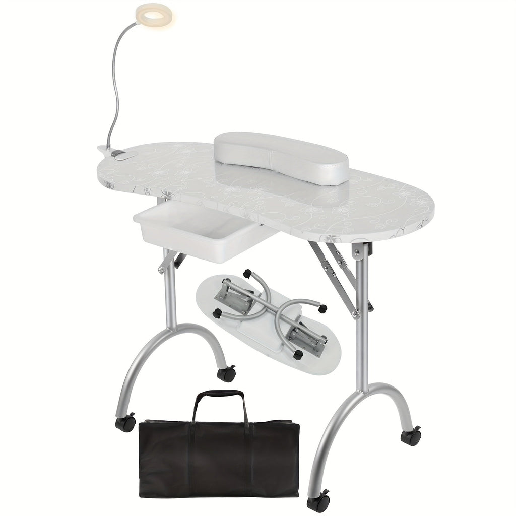 Foldable Nail Table with LED Lamp Drawer Lockable Wheels Wrist Cushion & Carrying Bag, Portable Manicure — image 22