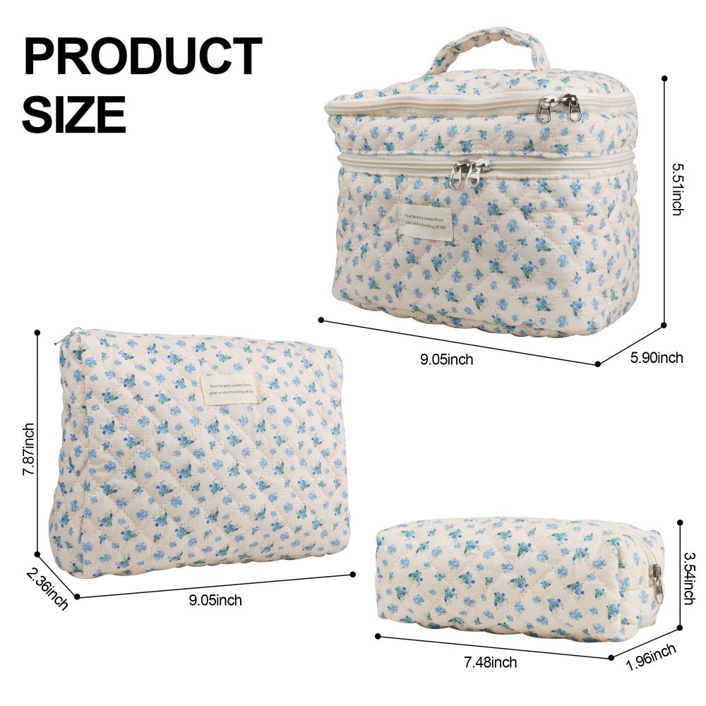 Quilted Floral Makeup Bag Set 3PCS Large Capacity Dual Layer Cotton Cosmetic Bags Coquette Aesthetic Travel Toiletry Organize