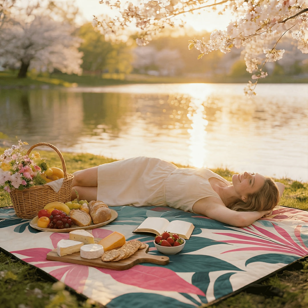 Large Padded Picnic Blanket with Carry Straps in Geometric, Palm-Village or Tropical Leaf Prints — image 13