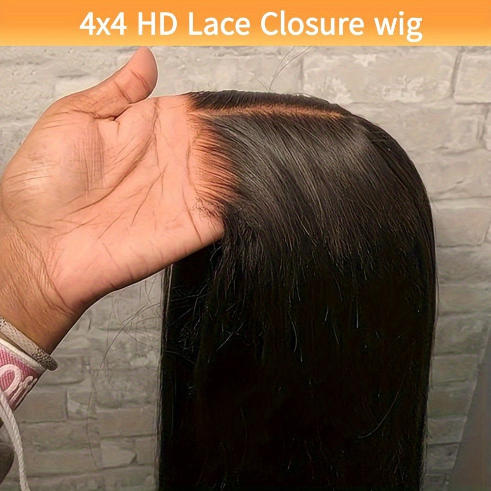 Glueless Straight Human Hair Wig 4x4 Lace Closure Pre-Plucked Natural Hairline Versatile Parting Natural Black 12-28 Inch Wom