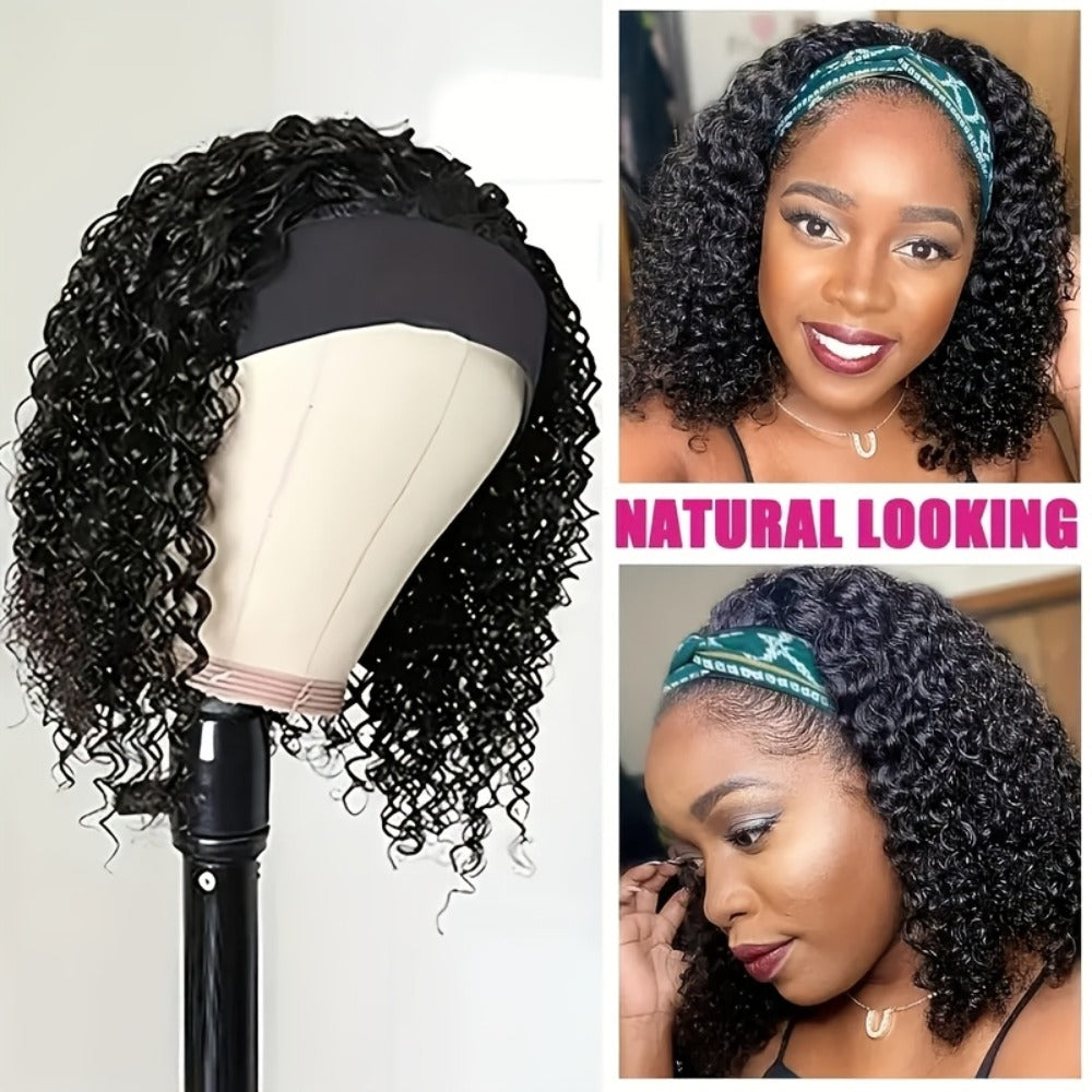 Headband Wig Curly Wavy for Women Black Synthetic Glueless No Lace – Elastic Cap Heat Resistant Beginner Friendly for Daily W