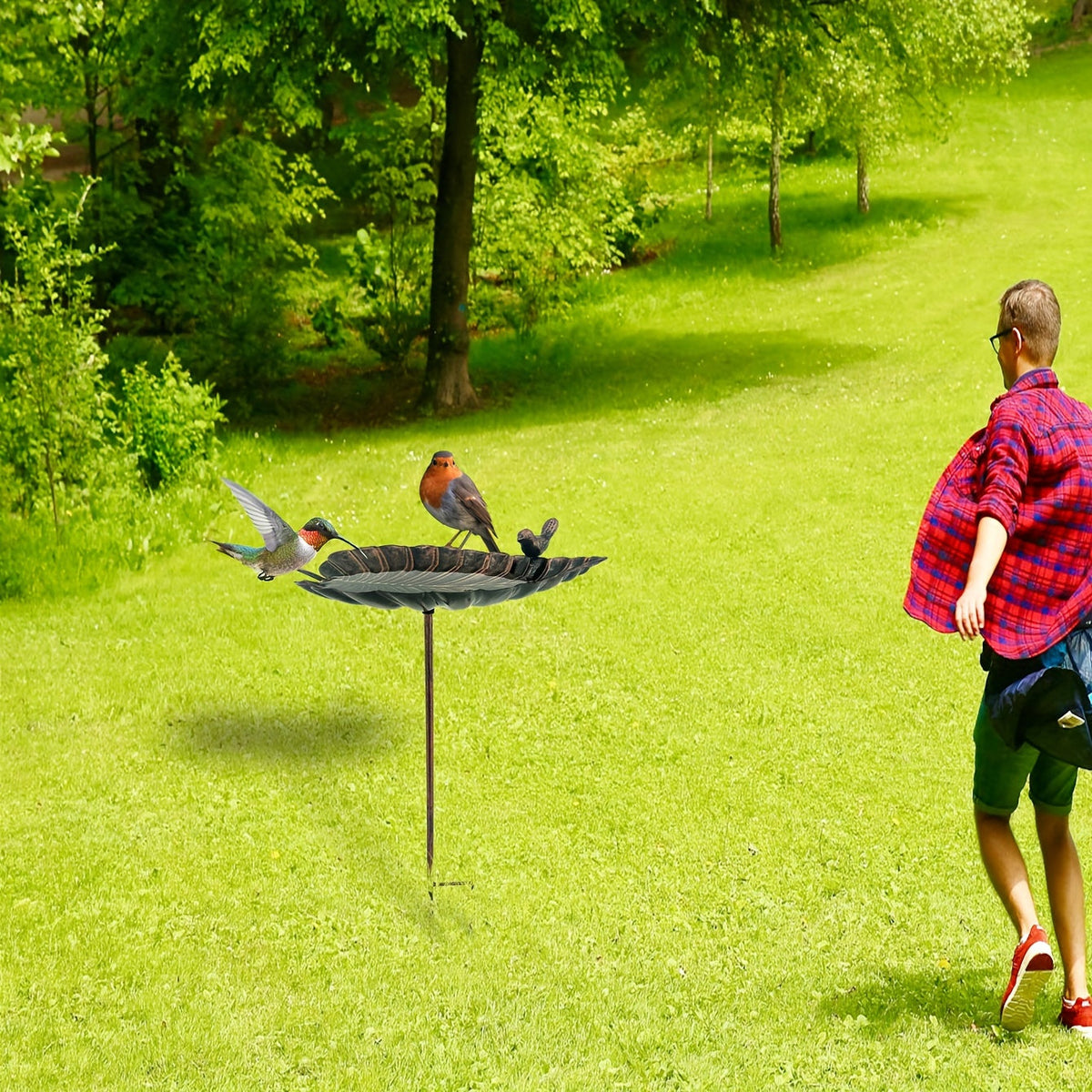 20-Inch Copper-Look Leaf Bird Bath with Bird Accent and Two-Prong Garden Stake for Yard and Lawn — image 7