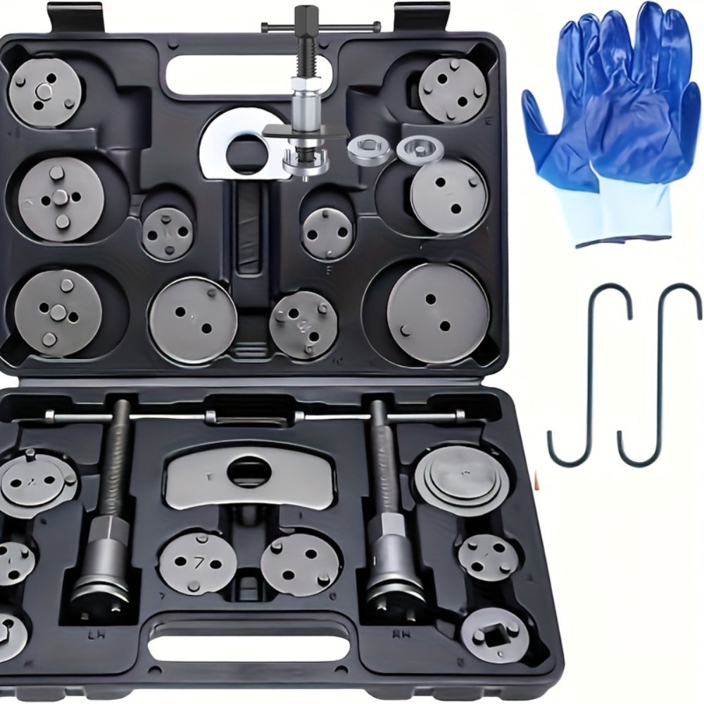 Brake Caliper Wind Back Tool Kit 26-Piece – Brake Caliper Compression Tool Set with 18 Disc Adapters, Thrust Bolt Assemblies 