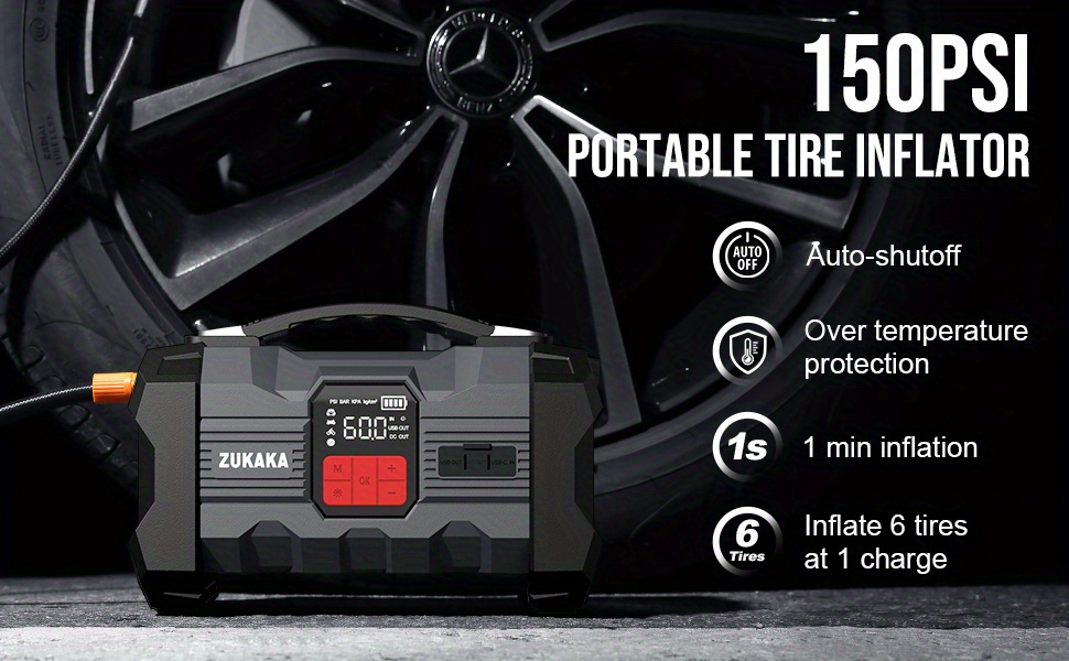 Jump Starter with Air Compressor 9000A Peak 10-in-1 150 PSI for All Gas 10L Diesel 12V USB USB-C Digital for Garden, Patio an