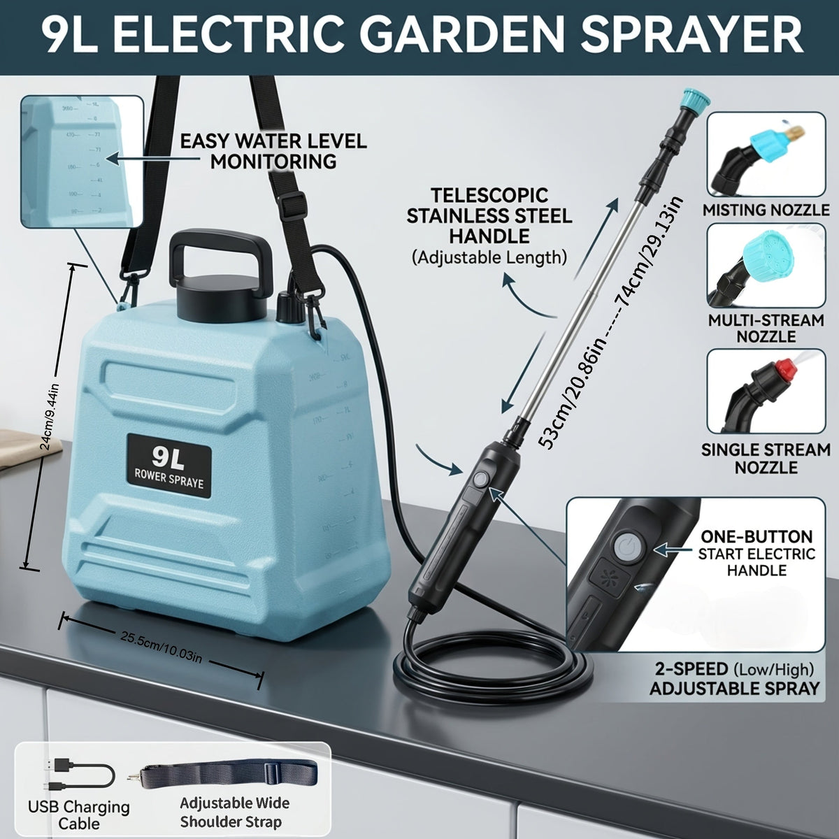 Garden Sprayer, USB-Rechargeable Electric Pump with Three Mist Nozzles for Yard and Patio Watering — image 3