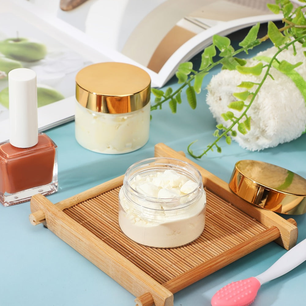 Wide Mouth Plastic Jars with Lids 2oz 100 Pack Clear Cosmetic Containers with Golden Flip Top Lid for Lotion Cream Body Butte