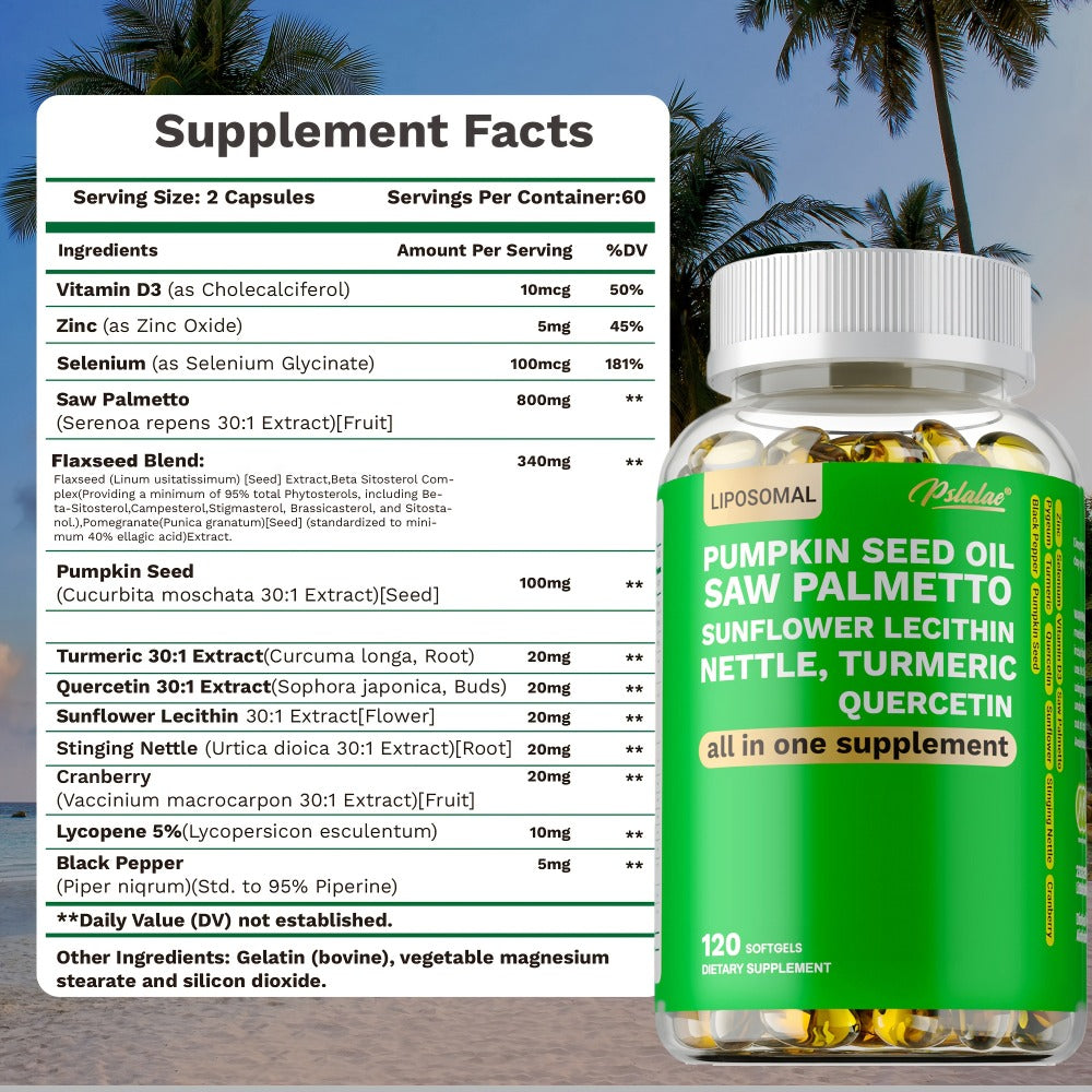 Saw Palmetto Capsules with Pumpkin Seed Oil, Pygeum & Quercetin, Urinary, Bladder, Hair & Heart Health Support for Women & Me