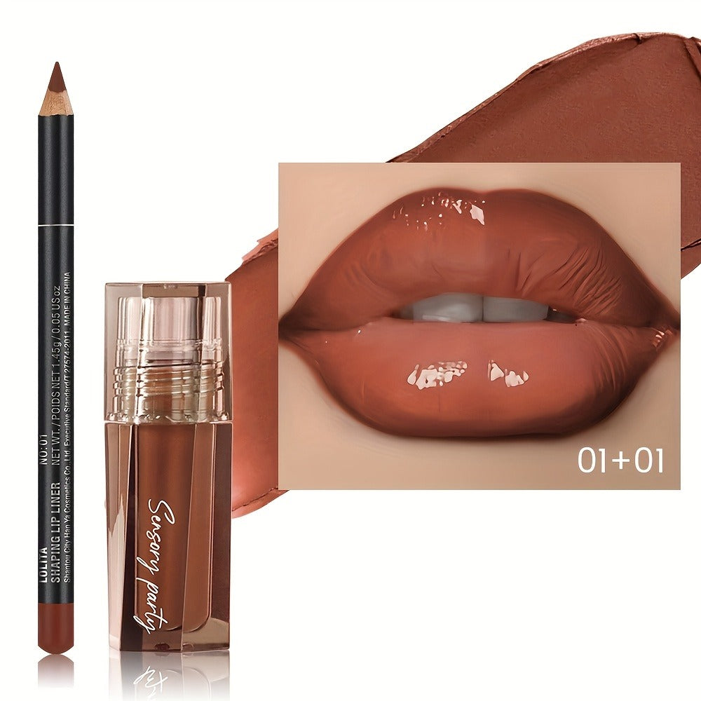 Lip Gloss Lip Liner Set Hydrating Water-Gloss Dewy Finish – 3D Precision Contour Matte Liner, for Makeup, Travel and Everyday
