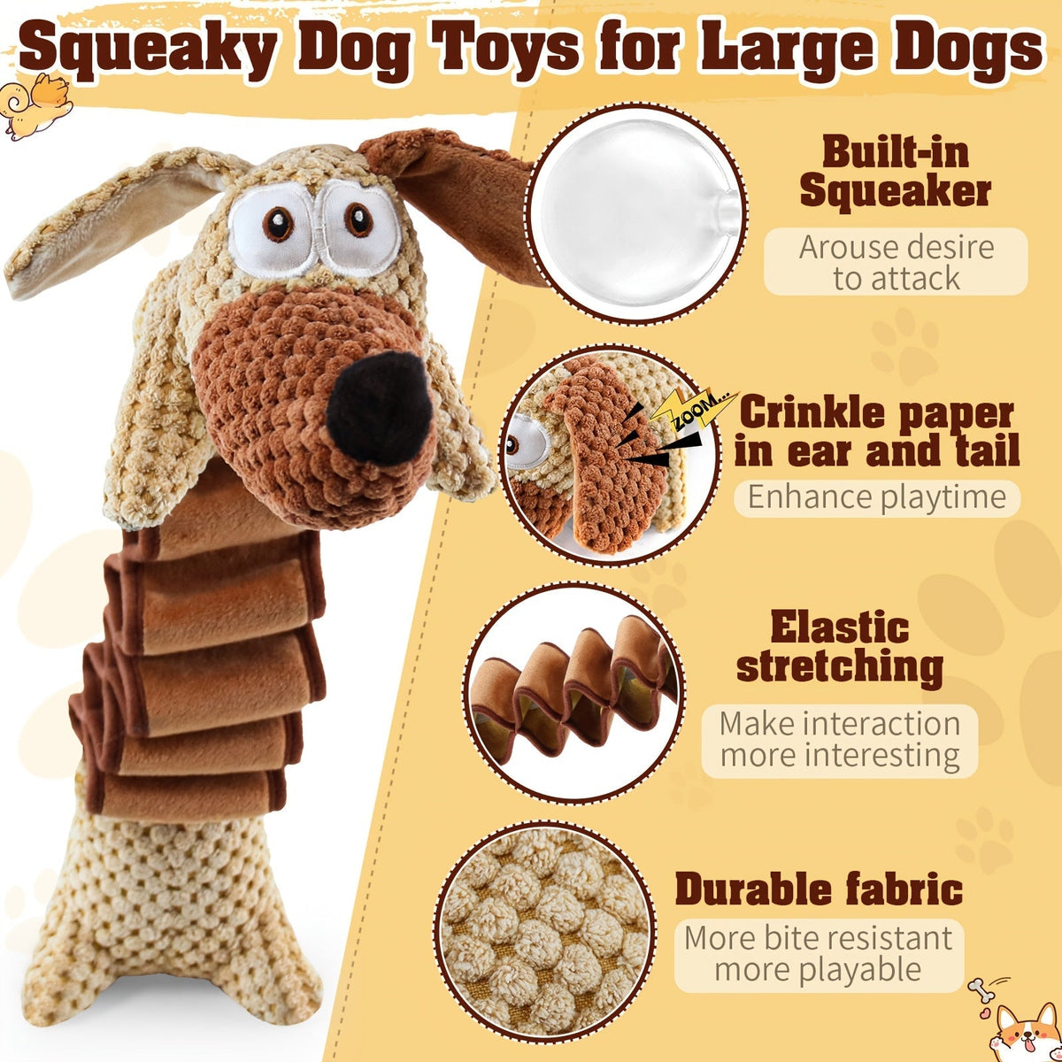 Dog Toy Stretchable Plush Tug with Built-In Squeaker, Crinkle Paper and 15.7 to 19.7-Inch Length — image 3