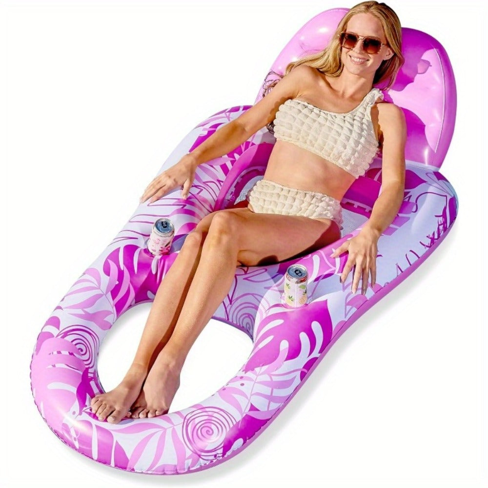 Pink Tropical Inflatable Pool Recliner Float, 60 x 36 x 24 Inches with Mesh Seat and Cup Holder — image 7