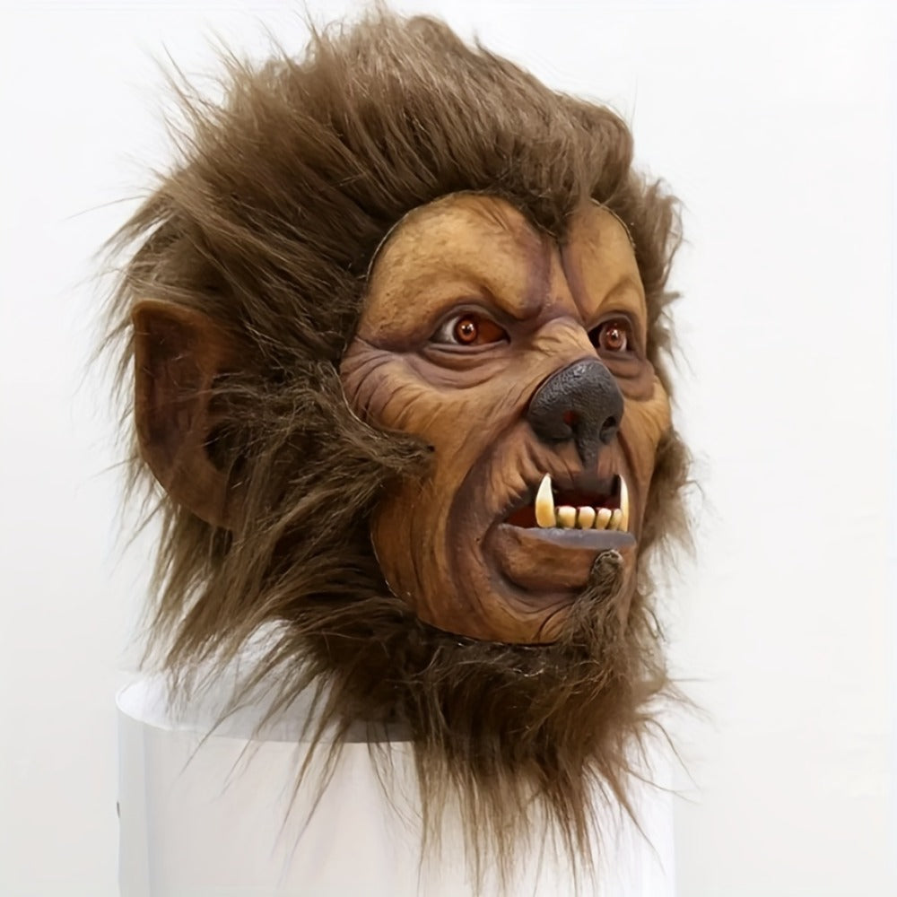 Hairy Brown Beast Costume Mask with Full-Head Creature Face, Pointed Ears and Faux-Fur Surround — image 3