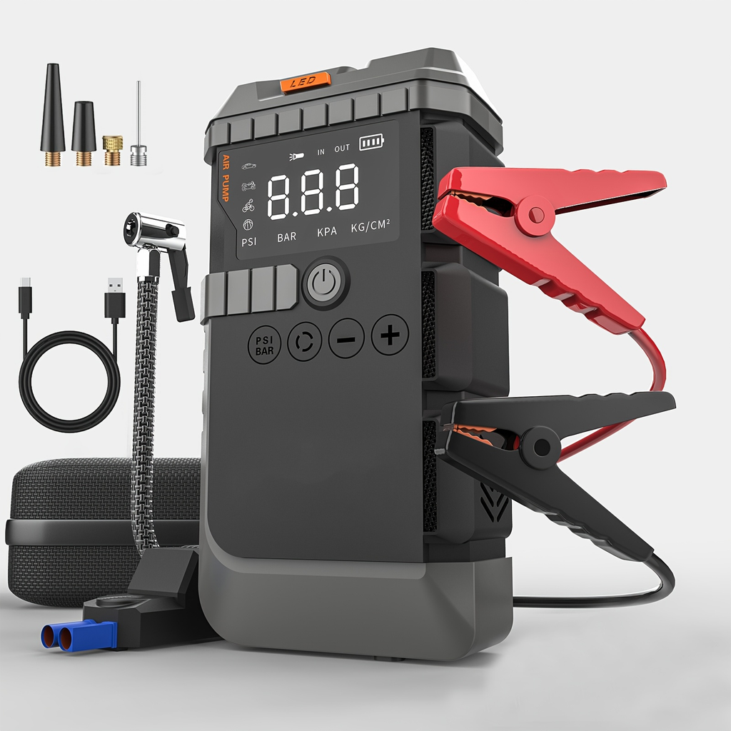 Jump Starter Power Bank 10000A 4-in-1 with 150 PSI Air Compressor LED Emergency Light USB Charging for Garden, Patio and Yard